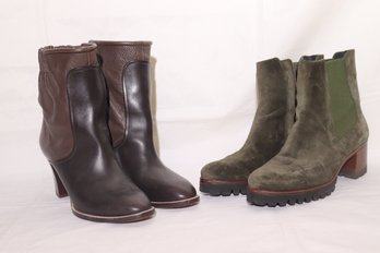 Chloe Brown Leather Boots Made In Italy Size 39 With 3-inch Heel And Green Suede Boots Size 40 Made In Spain