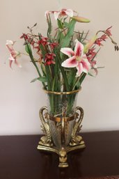 Gorgeous Brass/glass Centerpiece With Brass Dolphin/serpent Detail Includes Silk Flower Display Fabulous Piece