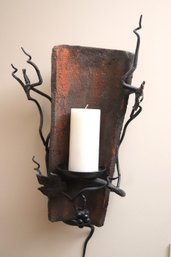 Pair Of Wrought Iron And Terracotta Tile Wall Sconces With Candles.