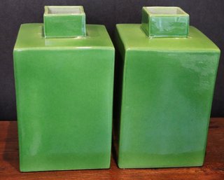 Pair Of Large Asian Style Green Tea Canisters With A Crackle Finish