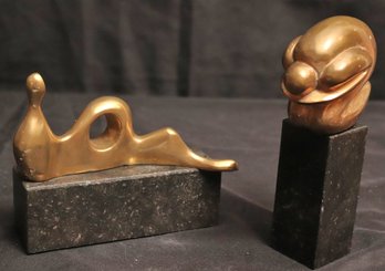Two Small Modern Brass Abstract Sculptures On Marble Bases