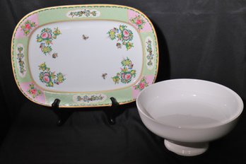 Williams And Sonoma Large Famille Rose Floral And Butterfly Serving Platter And Large Modern Serving Bowl