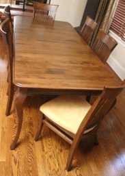 Contemporary French Provincial, Dark Wood Dining Table And 6 Tall Slat Back Chairs.