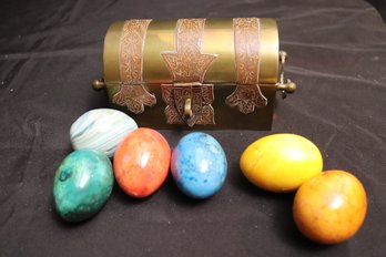 Antique Brass Treasure Chest Box With Marble Eggs.