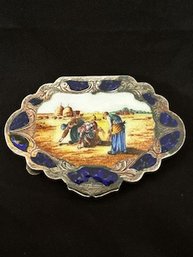 Vintage 800 Silver Box Engraved With Enamel/painted Scene