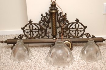 A Circa 1930s Era Brass And Glass Ceiling Fixtures With 3 Glass Shades. Pool Table Light