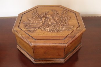 Vintage Carved Wood Octagonal Sewing Box With Embossed Peacock And  Floral Detailing