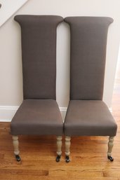Pair Of Restoration Hardware Tall Back Slim Profile Chairs, With Dark Taupe/ Grey Linen, And Light Wood Legs O