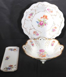 Chamart Limoges France Rectangular Tray, Pierced Dish With R Hallmark And Weimar Porcelain Floral Dish