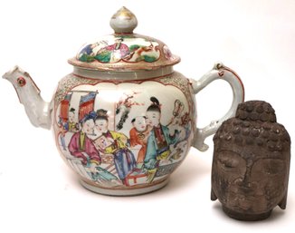 Beautifully Detailed Large Hand Painted Chinese Teapot And Small Stone Buddha Head