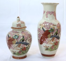 Two Vintage Asian Inspired Porcelain Vases With Peacock And Cherry Blossoms