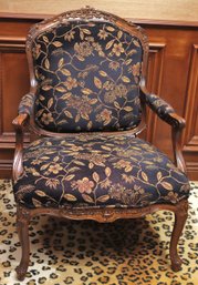 Vintage Louis XV Style Highly Carved Walnut Wood Chair With Custom Microfiber Fabric W Foliage Pattern