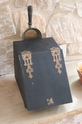 Vintage Tin Coal Box With Ornate Brass Accents Includes Coal Scoop