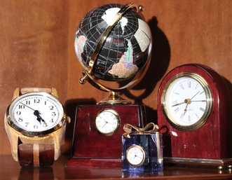 Decorative Clocks Include Xanadu Gift Box, Bluestone Globe And Decorative Wood Wrist Watch Decor