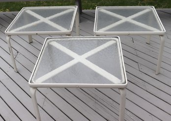 Three Brown Jordan Side Tables With Wavy Glass Tops, 22 Square.