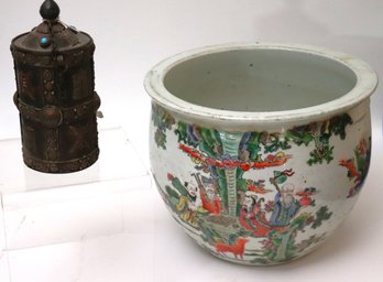 Antique Hand Painted Chinese Planter And Decorative Metal Box With Chinese Characters
