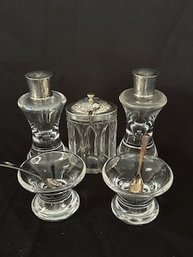 Vintage Glass Salt And Pepper Shakers With Sterling Tops And More