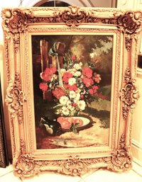 Captivating Still Life, Painting Of Flowers And Fruit In Garden Setting With Elaborate Gold Frame. Signed