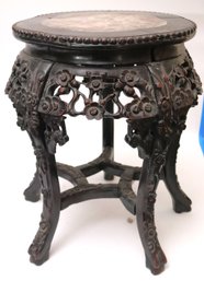 Vintage Carved Chinese Wooden Stool With Marble Insert Top