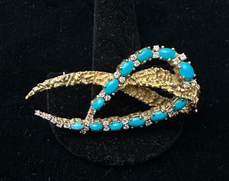 14K UNIQUE DIAMOND AND TURQUOISE ABSTRACT BROOCH PIN - SIGNED