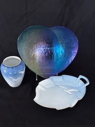 Including A Bing And Grundal Vase And Tray, Studio K Heart Shaped Art Glass Plate