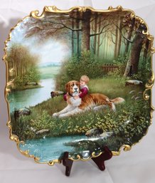 Vintage Hand Painted Platter Of Boy With Dog Signed By F. Villerelle /cfh/gdm France