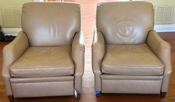 Pair Of Handsome Edward Ferrell Tan Leather Recliners In Excellent Condition.