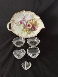 Baccarat Crystal Heart And Swarovski Crystal Heart, Glass Paper Weight And Etched Condiment Dishes