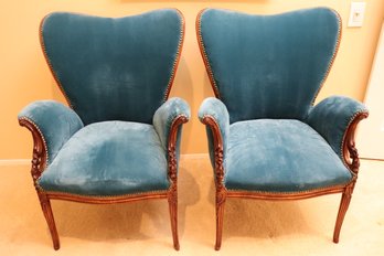 Pair Of Fine Vintage French Carved Wood Arm Chairs With A Blue Toned Velvet Fabric With Nail Head Accents