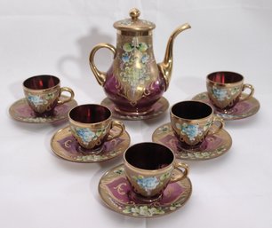 Vintage Demitasse Set Hand Painted On Rose Tone Glass Includes A Kettle With 5 Cups And 6 Saucers