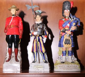 Vintage Figural Decanter Bottles, Canadian Mountie, Bagpipe Player, Guard