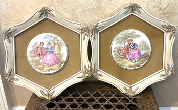 Pair Of Porcelain French Plaques Of Romantic 18 Th Couple In White Hexagonal Frames.
