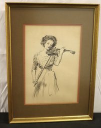 Ink Drawing Of Beautiful Female Violin Player, Signed Miller.