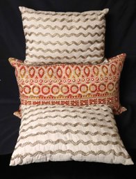 Two Pottery Barn Linen Pillows With Applied Gold Braiding, And Batik Style Pillow.