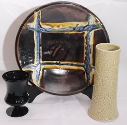 Signed Pottery Includes Platter And Pottery Vase With Glazed Finish