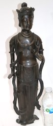 Bronze Figure Of Chinese Goddess Or Deity With Hand Gestures Raised In Fearless & Supportive Manner