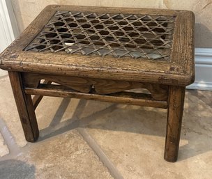 Unique Wooden Stool With Braided Leather Top.
