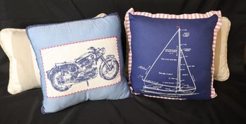 Lot Of 4 Pillows With Two Frontgate, Striped Linen And Two Blue Pillows With Sailboat And Motorcycle.