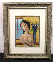 S. Weingarten Signed Decorative Oil On Paper Abstract Of Seminude Woman By Window.