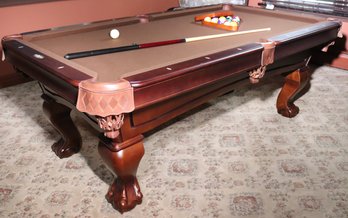 Imperial Billiard Table With Carved Wood Claw Feet, Mother Of Pearl Inlaid Accents And Stitched Leather Pocket