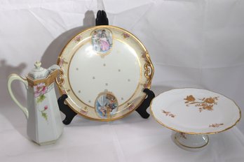 Royal Vienna Painted Porcelain Platter, Limoges France Pedestal Cake Dish, Platter & Hand Painted Floral C