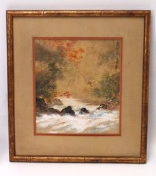 Watercolor Painting Of Rushing Stream And Bamboo Behind Rocks Signed Upper Right