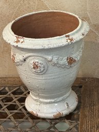 Elegant French Ceramic Planter Or Urn With Distressed White Painted Finish, Measures  Approx. 8 T