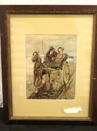 Watercolor Painting Of Horse And Buggy With Elegant Lady And Driver.