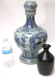 Chinese Vase Having A Bulbous Form With Hand Painted Designs & Small Earthenware Pottery Vase