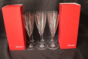 Six Baccarat French Crystal Don Perignon 9 Inches Tall Glasses With Original Boxes.