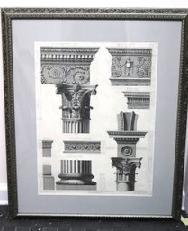 Antique Style Black & White Architectural Print Of Columns & Friezes In Silvered Frame