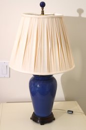 Cute Little Blue Asian Style Table Lamp With A Linen Pleated Shade