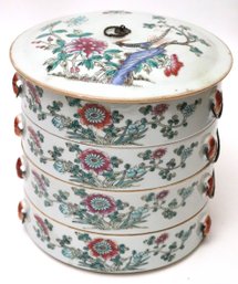 Antique Chinese Hand Painted Porcelain Lunch Box Set With Handles & Lid