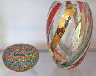 Colorful Art Glass Vase And Hand Painted Thai Trinket Box With Lid.